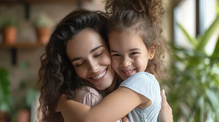 Fototapeta premium Affectionate loving middle aged mother cuddling child. Excited to see daughter, happy senior older mom cuddling her, sitting together on comfortable sofa in living room