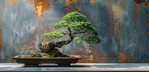 A small bonsai tree is sitting on a tray. The tree is surrounded by moss and has a unique shape. The tray is placed on a table, and the background is a wall with a rustic texture - obrazy, fototapety, plakaty