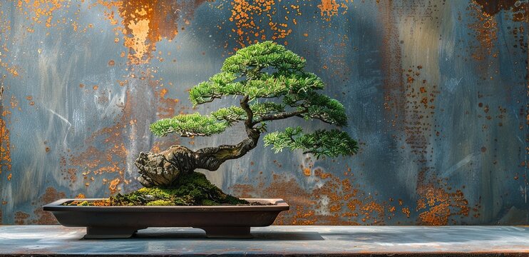 A small bonsai tree is sitting on a tray. The tree is surrounded by moss and has a unique shape. The tray is placed on a table, and the background is a wall with a rustic texture