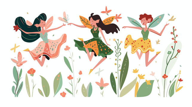 Spring Fairies flat vector isolated on white background