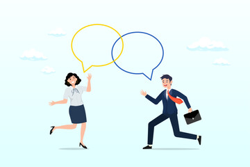 Businessman represent brand talk with customer as linked speech bubble, customer engagement, emotional connection between customer and brand, loyalty, consumer trust or deep relationship (Vector)