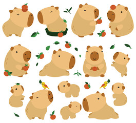 Capybara cute on a white background, vector illustration. Cutie funny capybara cartoon portrait, full face.Trendy animal. For printing on fabric, postcard, wrapping paper, kids party, baby shower,art