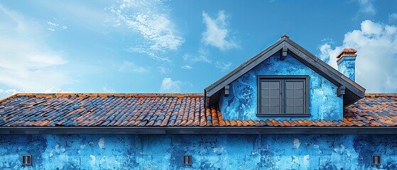 A blue house with a chimney and a window - obrazy, fototapety, plakaty