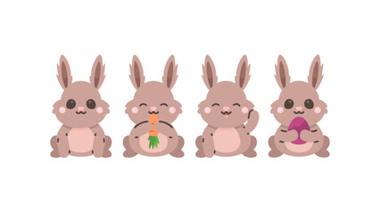 a collection of funny, cute and adorable rabbit illustrations. Rabbit character with various poses and expressions. clip art and stickers. easter animals. flat style illustration concept design