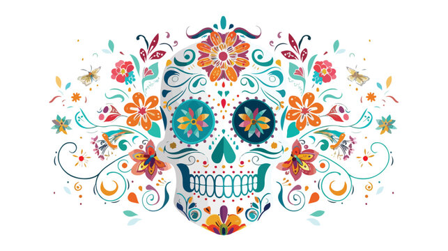 Sugar skull decorated with colorful floral patterns 
