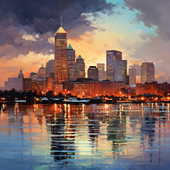 Spectacular Illuminated CT City Skyline Reflecting on Calm Waters During Evening Time - obrazy, fototapety, plakaty