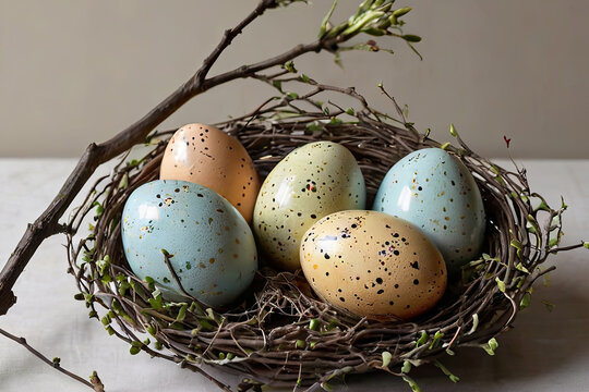 Elegant speckled  eggs nestled among delicate branches, ideal for spring holidays and decorations.