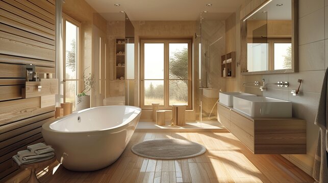 A large white bathtub sits in a bathroom with a wooden floor and a view of a field
