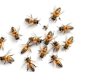 A group of bees are in a row on a white background. The bees are of different sizes and are spread out