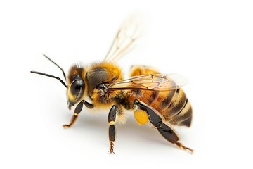 A bee is standing on a white background. The bee is brown and yellow - obrazy, fototapety, plakaty