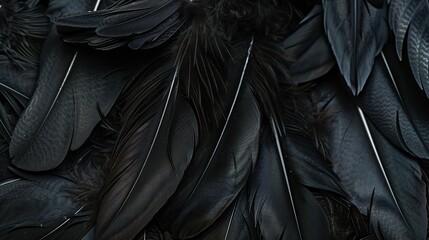 Obraz premium A close up of black feathers, with the focus on the intricate details of the feathers. The black color of the feathers creates a mood of darkness and mystery