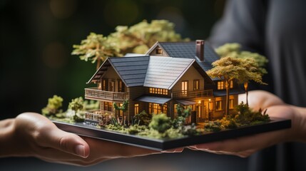 A person is holding a mini house model with a grassy facade