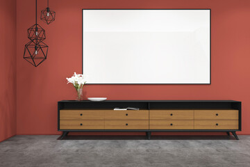 3d rendering of interior space with credenza and frame mockup. Red wall and cement floor background. Set 3