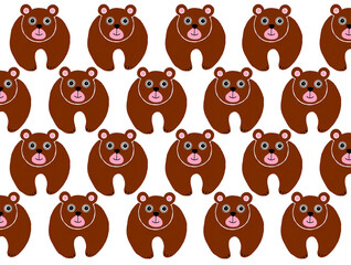 Obraz premium Pattern of stylized illustrations of bears. Placed in a checkerboard pattern on a white background. The animals have rounded shape, look at the face and smile. Brown color. Pink and black face details