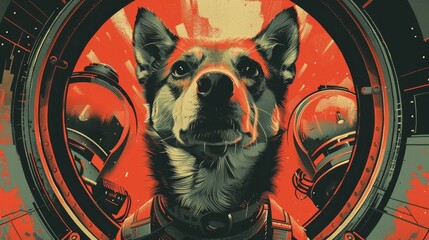 A vibrant retro-style illustration showcasing a determined space dog wearing a collar, framed by the circular hatch of a spaceship.