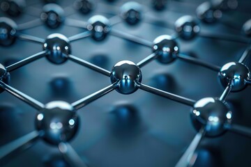 A close up of many small spheres arranged in a grid. The spheres are metallic and appear to be connected to one another. Concept of order and structure