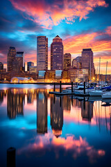 Spectacular Illuminated CT City Skyline Reflecting on Calm Waters During Evening Time