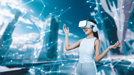 Female stand wear white VR headset and white sleeveless connect metaverse, future technology create...