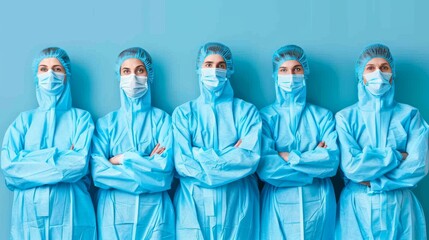 Team of doctors prepared to treat a pandemic, they wear masks and medical gowns