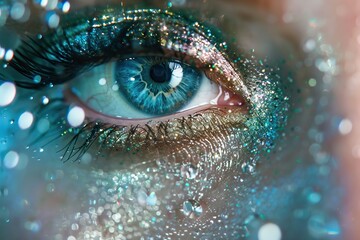A woman's eye is covered in glitter and has a blue tint. The eye is surrounded by a blue and gold shimmer, giving it a sparkling and ethereal appearance. The eye is the focal point of the image - obrazy, fototapety, plakaty