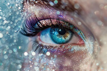 A woman's eye is covered in glitter, giving it a sparkling and ethereal appearance. The eye is surrounded by a blue and purple halo, adding to the dreamy and whimsical atmosphere of the image