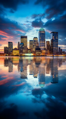 Spectacular Illuminated CT City Skyline Reflecting on Calm Waters During Evening Time