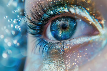 A woman's eye is painted with glitter and blue eyeshadow. The eye is surrounded by a blue and gold frame