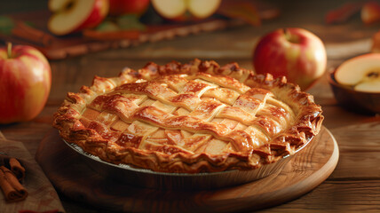 Apple pie served on a rustic wooden table. Traditional pie with filling, festive food for Thanksgiving, Halloween. Autumn harvest. Close-up, bokeh effect in the background.