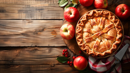 Apple pie served on a rustic wooden table. Traditional pie with filling, festive food for Thanksgiving, Halloween. Close-up, top view, copy space, bokeh effect in the background.