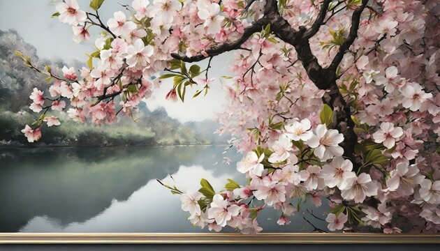 cherry blossom in spring.an elegant floral wall art featuring a single panel of cherry blossom flowers in full bloom, delicately rendered with soft, pastel hues. Utilize a realistic art style to captu