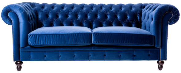 Blue sofa in frontal view with transparent background