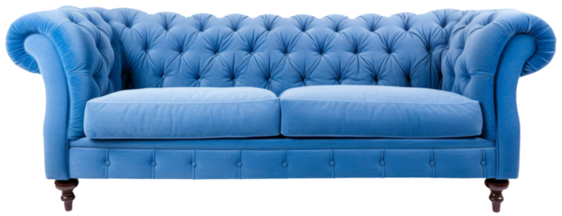 Blue sofa in frontal view with transparent background