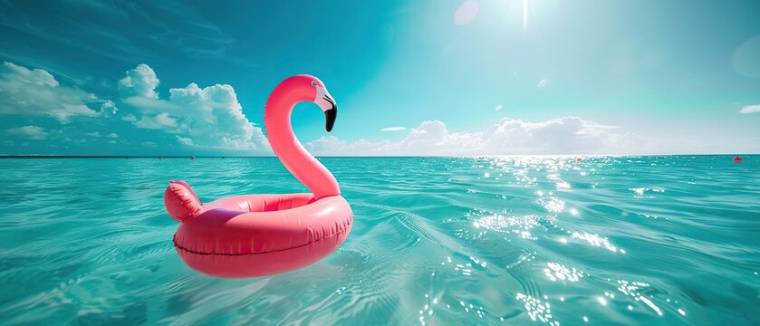 A pink inflatable flamingo is floating in the ocean. The flamingo is the main focus of the image, and the blue water and sky in the background create a serene and peaceful atmosphere