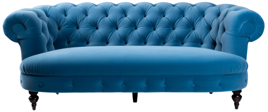 Blue sofa in frontal view with transparent background