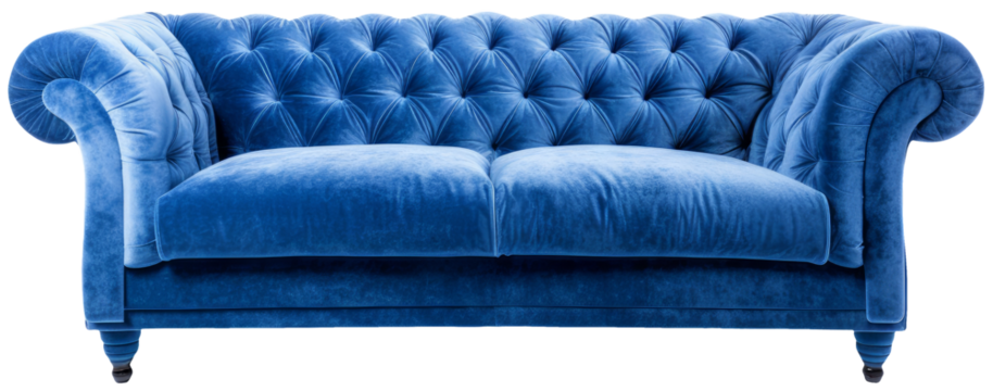 Blue sofa in frontal view with transparent background