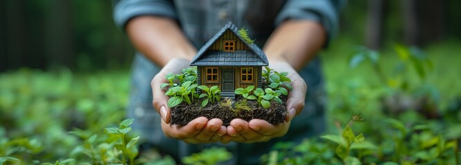 Person holding a small terrestrial plant house in their hands - obrazy, fototapety, plakaty