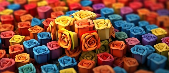 Fototapeta na wymiar colorful rose flower camouflage portrait of abstract cubes on isolated background for wedding invitation or gift card.