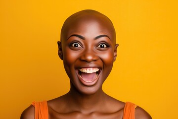 A woman with a shaved head and a big smile on her face. She is wearing an orange tank top