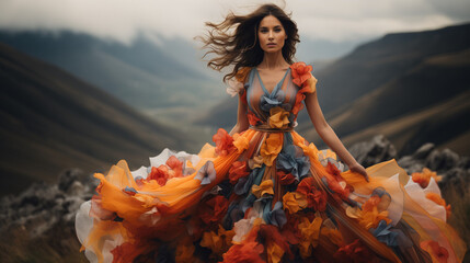 woman in a long big dress standing in the wind with mountain landscape in the background. 