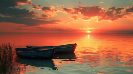Boats set against the backdrop of a vibrant, dynamic sunset, where the sky is ablaze with hues of orange, red, and purple, creating a stunning and captivating scene