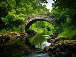 Fototapeta na wymiar Serene Old Stone Bridge Over Tranquil River Landscape