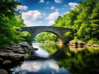 Fototapeta na wymiar Tranquil River Scene with Stone Arch Bridge