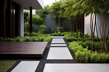 Fototapeta na wymiar Modern Garden Pathway in a Serene Residential Setting
