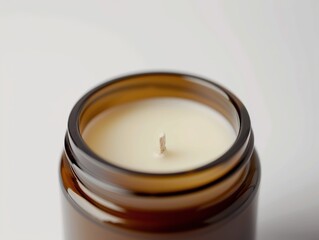 A candle is lit in a glass jar. The candle is lit with a wick and is surrounded by wax. The jar is brown and has a clear top. The candle is the main focus of the image, and it creates a warm