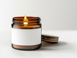 A candle is lit in a glass jar with a white label