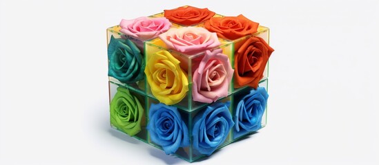 colorful rose flower camouflage portrait of abstract cubes on isolated background for wedding invitation or gift card.