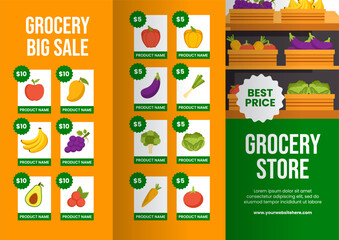 Grocery Store Brochure Flat Cartoon Hand Drawn Templates Background Illustration
