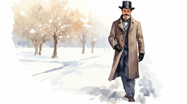 Winter Victorian Man Vintage Watercolor flat vector 
