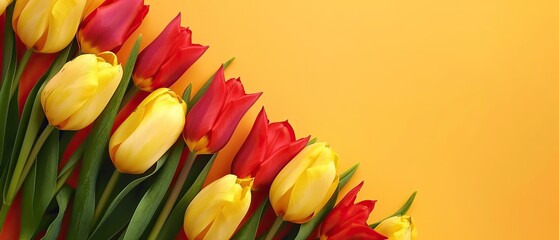A row of yellow and red tulips on a yellow background. The tulips are arranged in a way that they are all facing the same direction