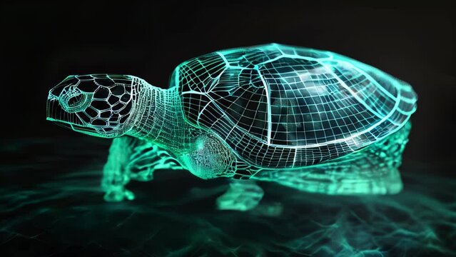 Glowing teal wireframe renders a 3D illustration of a swimming sea turtle. The turtle's form emerges from the dark background, evoking a mysterious and ethereal atmosphere. 